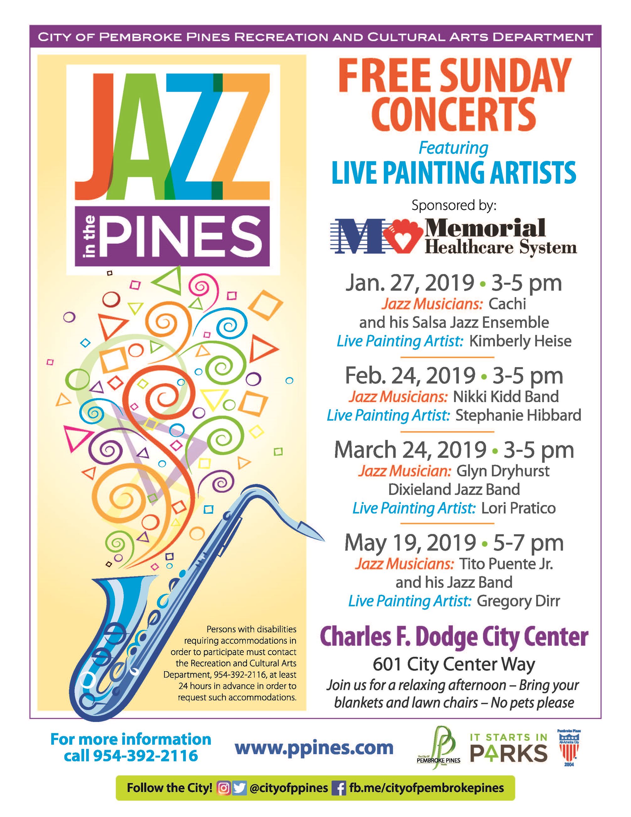 Jazz in the Pines Flyer 2019 showing dates and times of shows