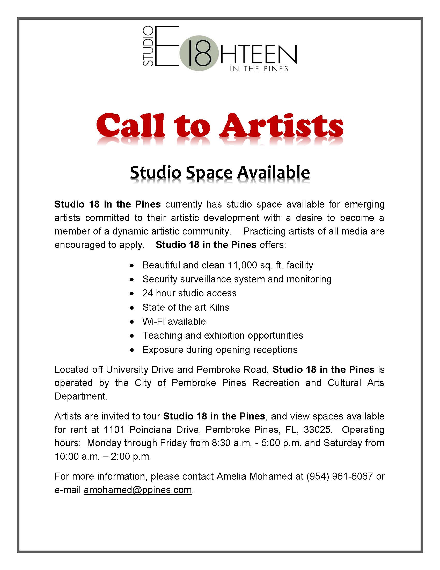 Studio Space Available Flyer for Studio 18